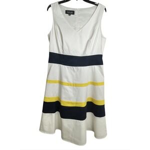 Evan Picone Size 12 Sleeveless Fit & Flare Dress Ivory Navy Yellow Stripe V-Neck